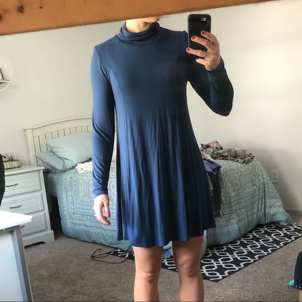 Blue or Brown Fall Turtle Neck Long Sleeve Tshirt Dress